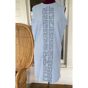 Vintage 1960s Blue White Gingham Checked Embroidered Cotton House Dress L/M